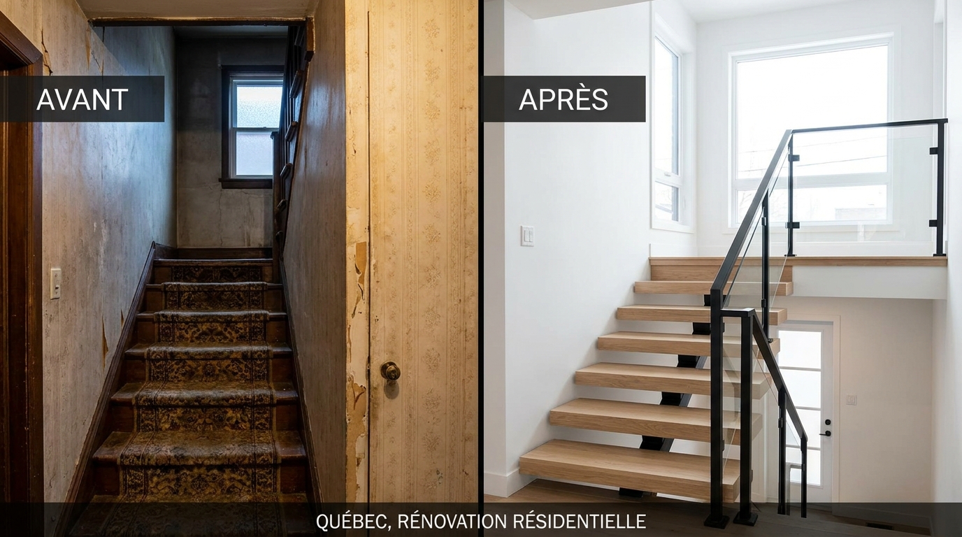 Escalier intérieur résidentiel avec largeur conforme et échappée dégagée