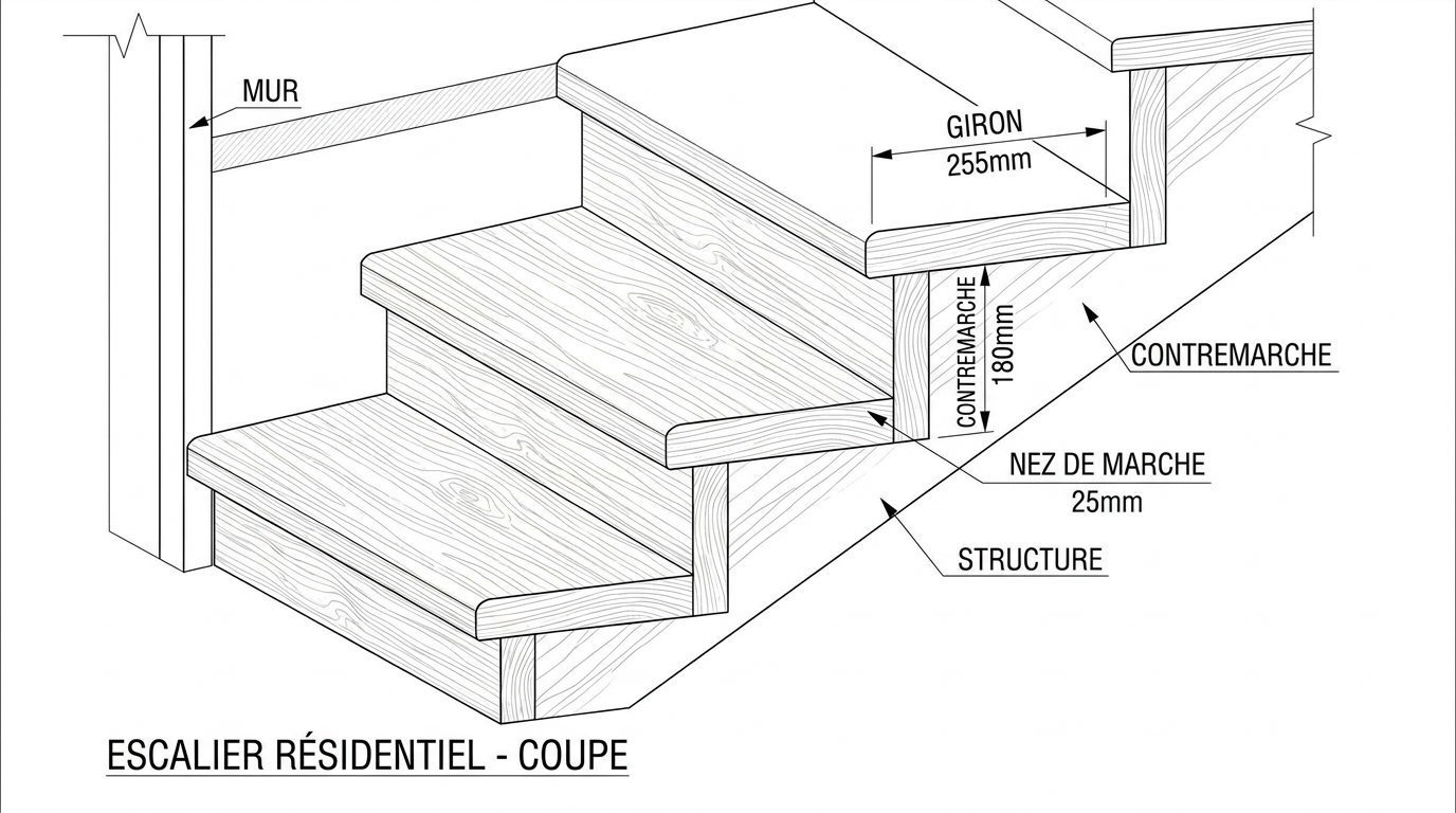 Diagramme technique des dimensions d'un escalier résidentiel au Québec: giron 255mm, contremarche 180mm, nez de marche 25mm