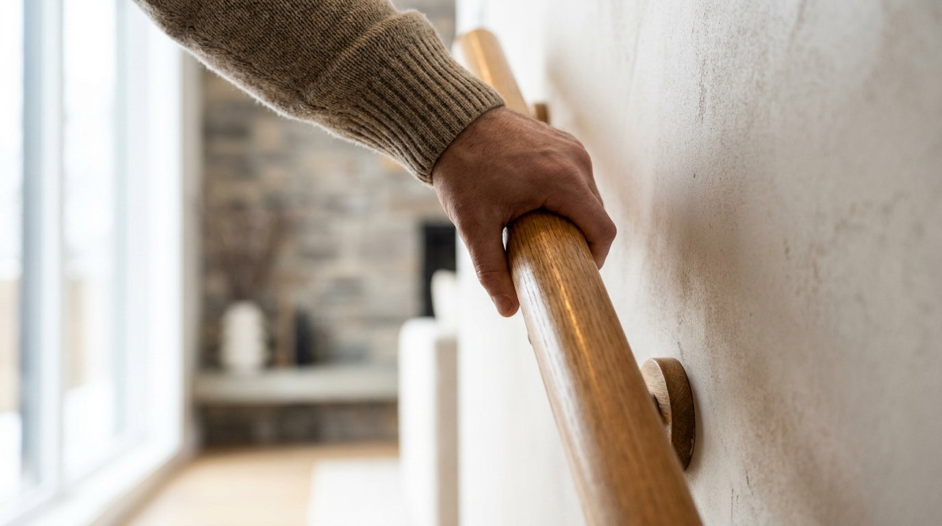Main courante en bois massif fixée au mur à 900mm de hauteur, conforme au Code de construction du Québec
