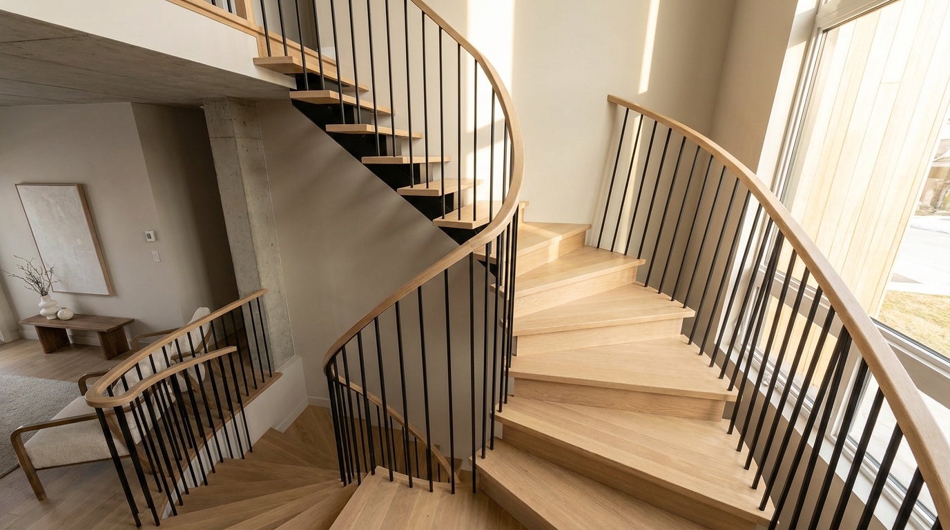 Escalier tournant à quartier avec marches trapézoïdales en chêne dans un intérieur résidentiel québécois moderne
