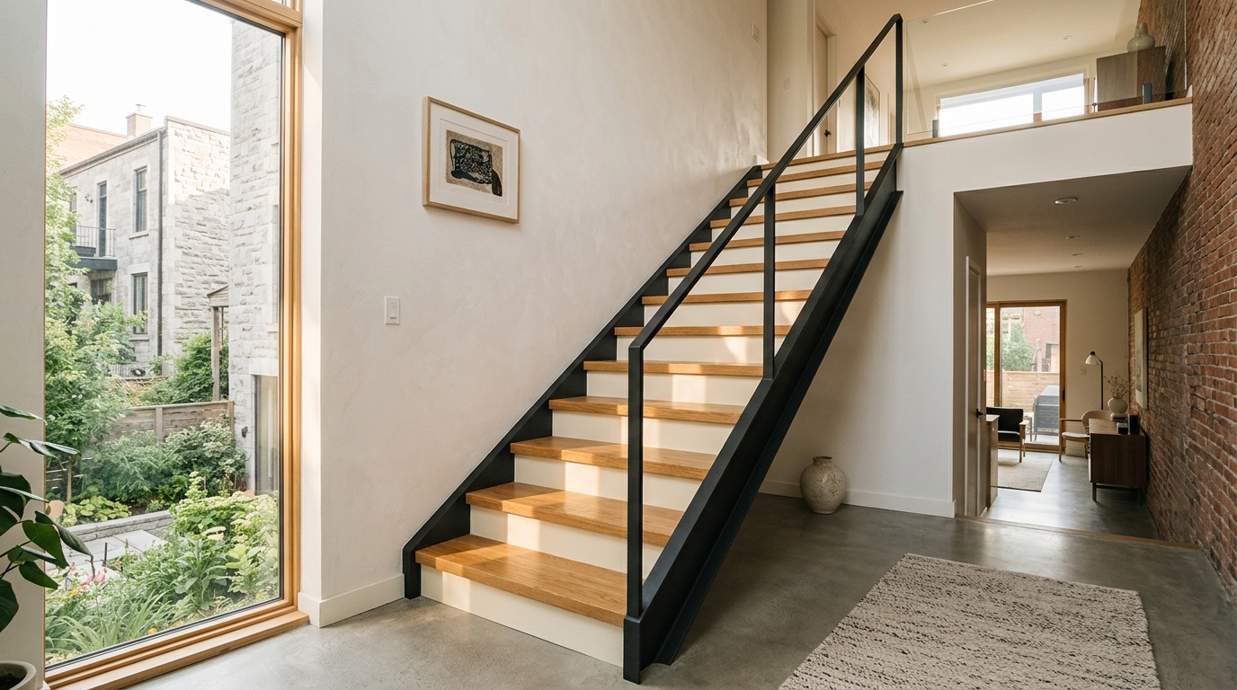 Escalier résidentiel moderne en chêne avec limon acier noir, intérieur montréalais conforme aux dimensions du Code de construction du Québec