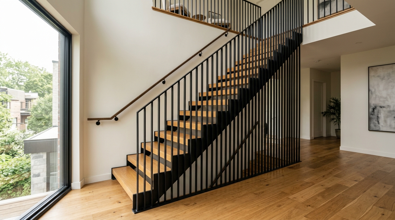 Garde-corps d'escalier intérieur avec barreaux verticaux en acier noir mat conforme aux normes RBQ du Code de construction du Québec