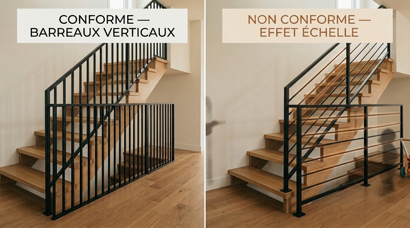 Comparaison visuelle entre un garde-corps conforme à barreaux verticaux (gauche) et un garde-corps non conforme à barreaux horizontaux avec effet échelle (droite)