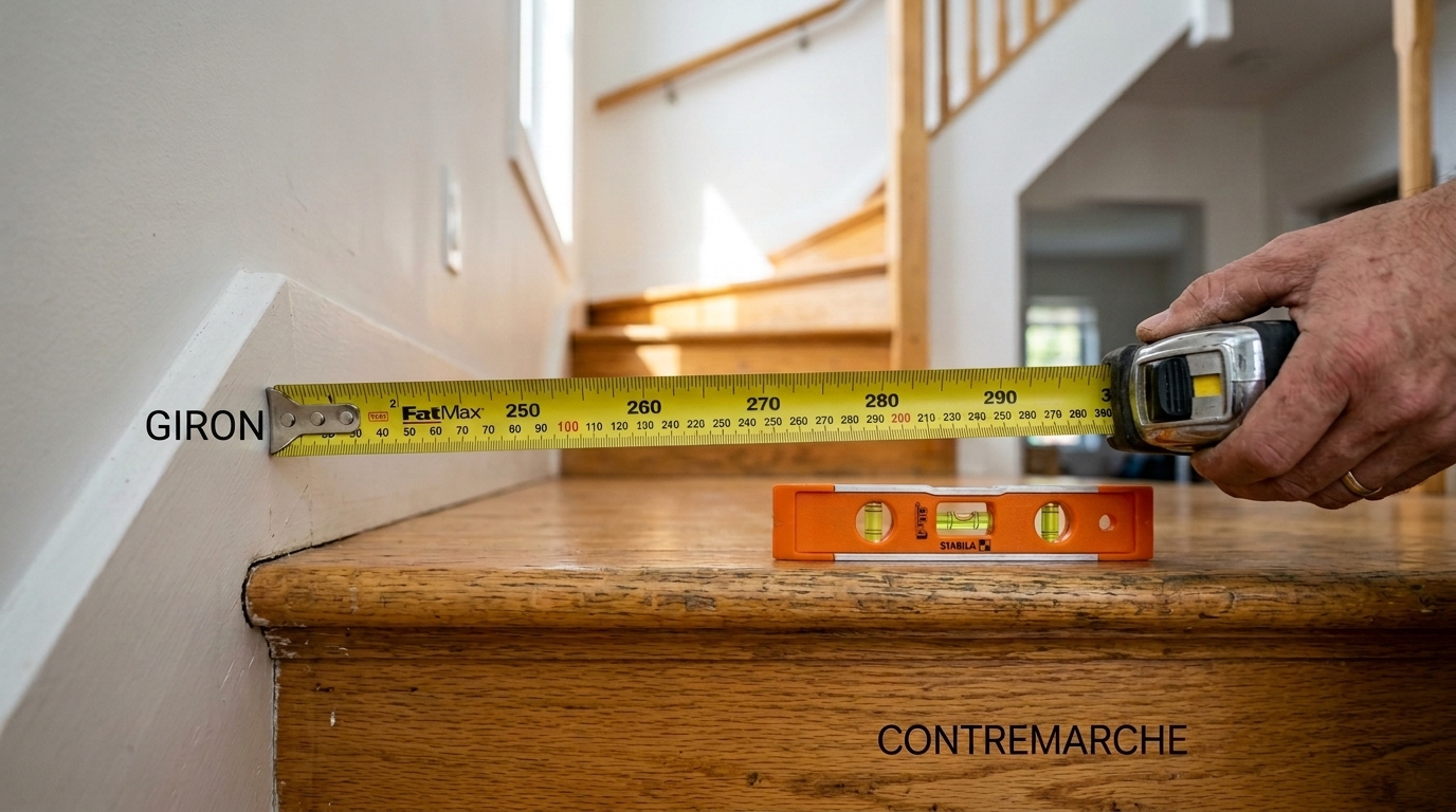Ruban à mesurer et niveau sur une marche en chêne illustrant la mesure du giron et de la contremarche d'un escalier résidentiel au Québec