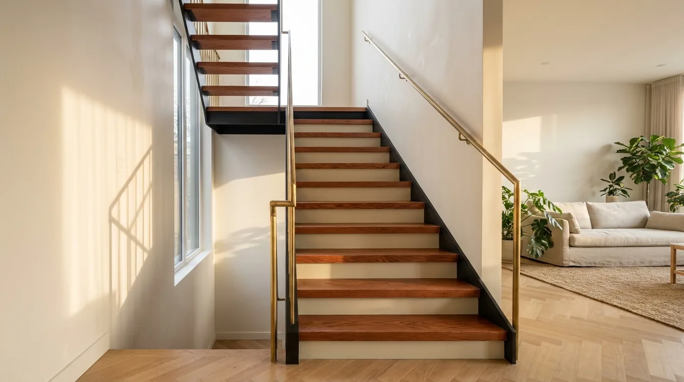 Escalier intérieur résidentiel moderne en chêne avec limon acier noir et rampe laiton brossé, intérieur montréalais lumineux