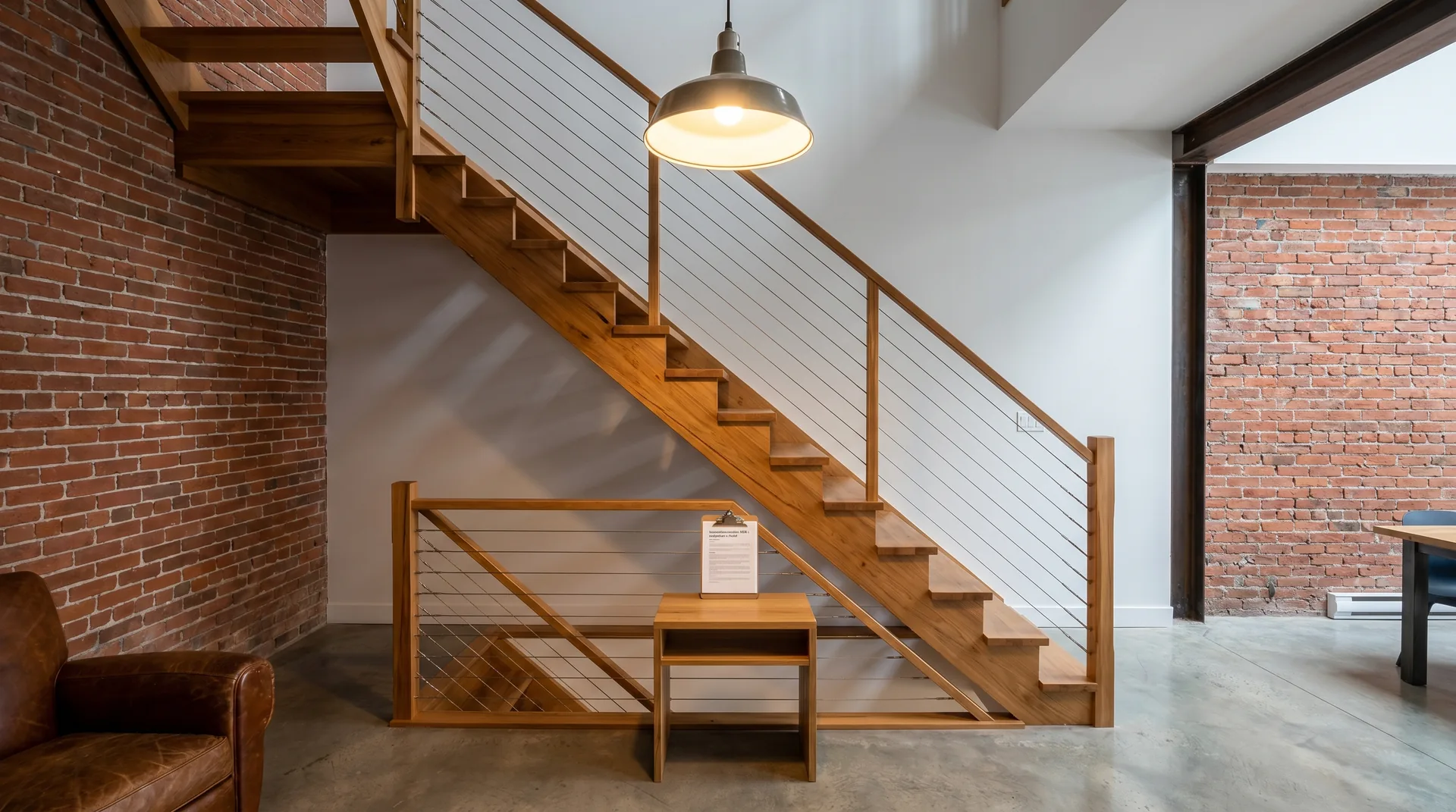 Inspecteur en bâtiment vérifiant la hauteur d'un garde-corps d'escalier intérieur résidentiel à l'équerre, escalier de chêne avec barreaux d'acier noir conforme au Code de construction du Québec