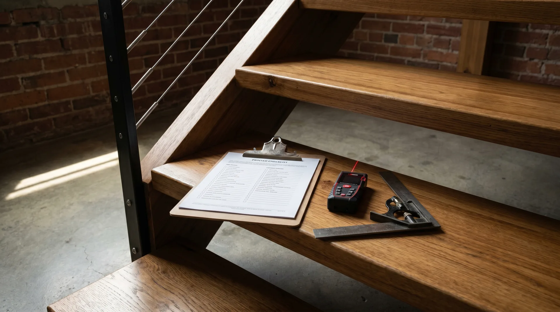 Liste de contrôle imprimée sur planchette avec ruban à mesurer laser et équerre métallique posés sur la première marche d'un escalier intérieur résidentiel